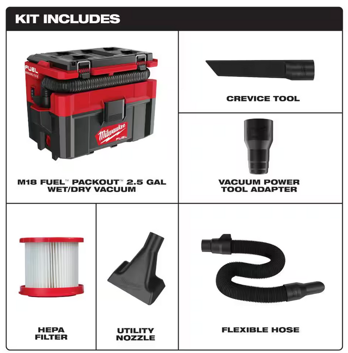 0970-20 Milwaukee M18 Fuel PACKOUT 2.5 Gallon Wet/Dry Vacuum