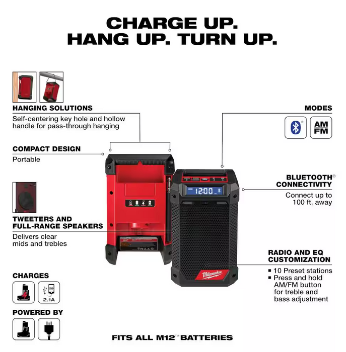 2951-20 Milwaukee M12 Bluetooth Jobsite Radio w/ Charger