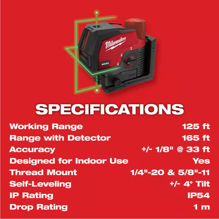 3622-20 Milwaukee M12 Laser Level - 125FT Cross Line & Plumb Points (Tool Only)