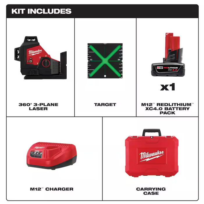 3632-21 Milwaukee M12 250FT 3-Plane  Laser Level Kit