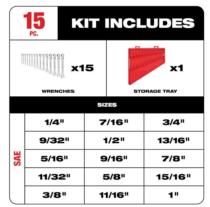 48-22-9413 Milwaukee SAE Flex Head Ratcheting Combo Wrench Set - 15 PC