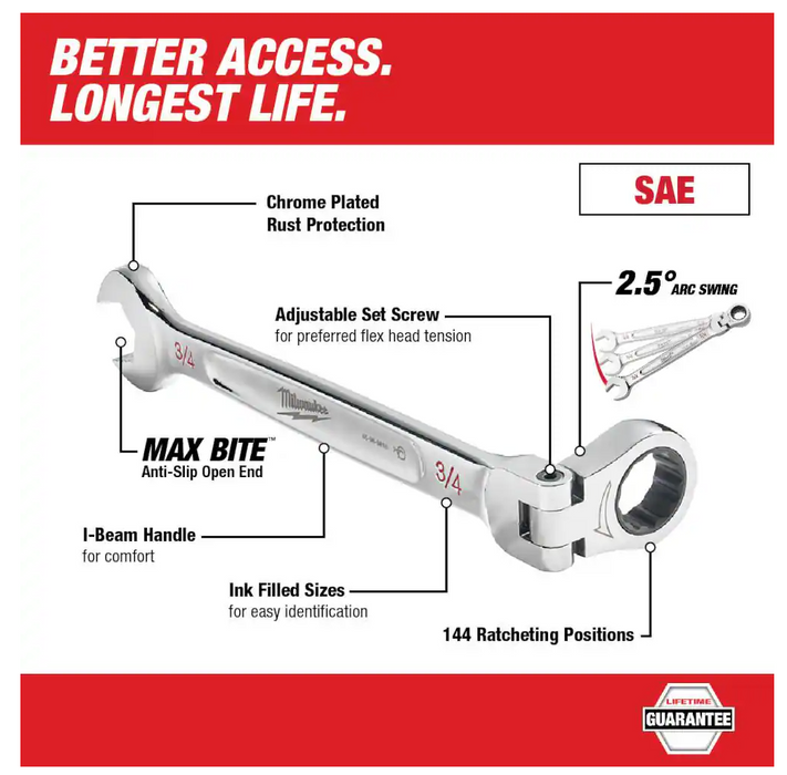 48-22-9413 Milwaukee SAE Flex Head Ratcheting Combo Wrench Set - 15 PC