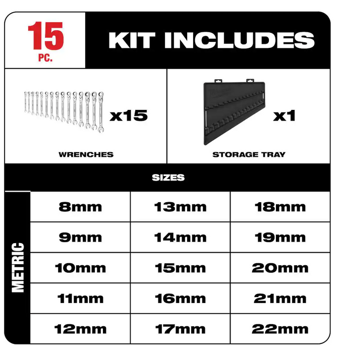 48-22-9513 Milwaukee Metric Flex Head Ratcheting Combo Wrench Set - 15 PC