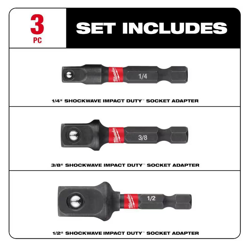 48-32-5033 Milwaukee SHOCKWAVE Impact Duty 1/4" HEX Shank Socket Adapter Set - 3 PC