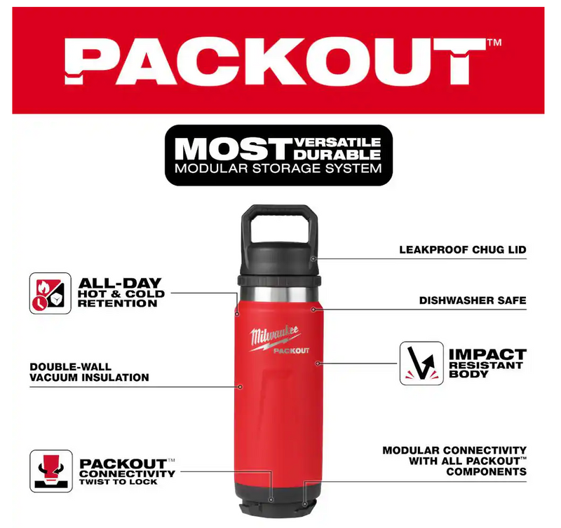 48-22-8396R Milwaukee PACKOUT 24oz Insulated Bottle w/Chug Lid - Red