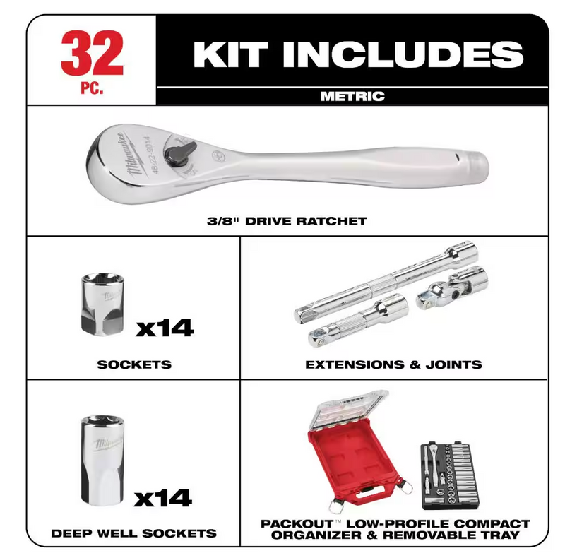 48-22-9482 Milwaukee 3/8" Metric Ratchet & Socket Set w/ PACKOUT - 32 PC