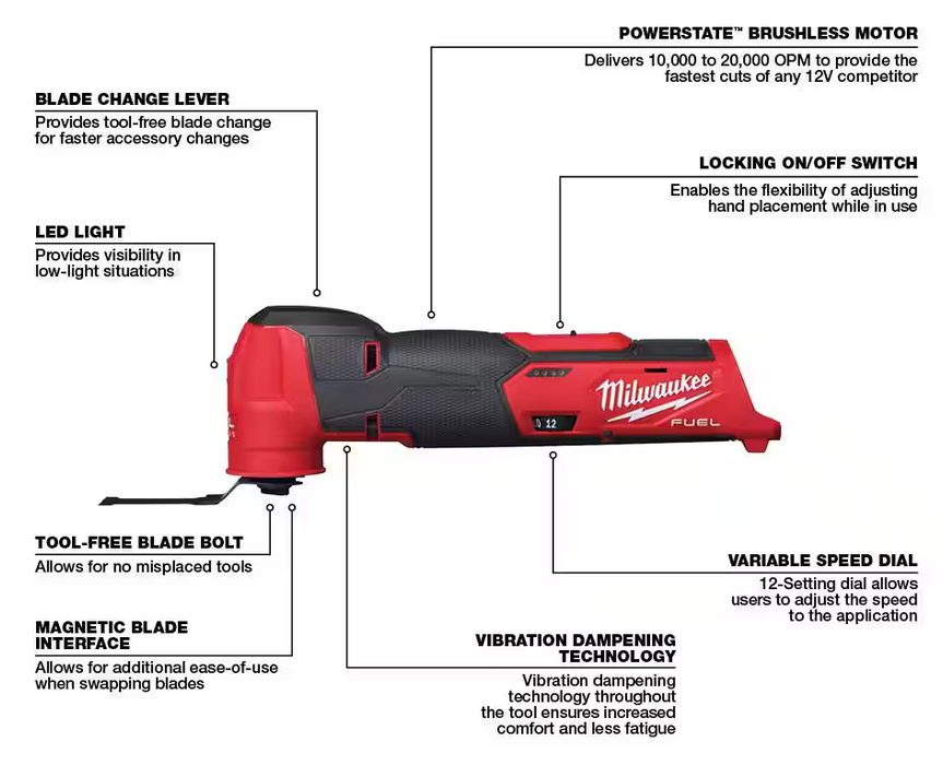 2526-20 Milwaukee M12 Oscillating Multi Tool (Tool Only)