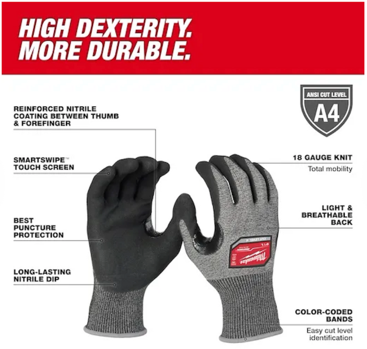 48-73-7141 Milwaukee Cut Level 4 High-Dexterity Nitrile Dipped Gloves (Medium)
