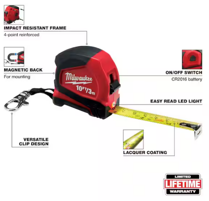 48-22-6601 Milwaukee 10ft / 3m Keychain Tape Measure with LED