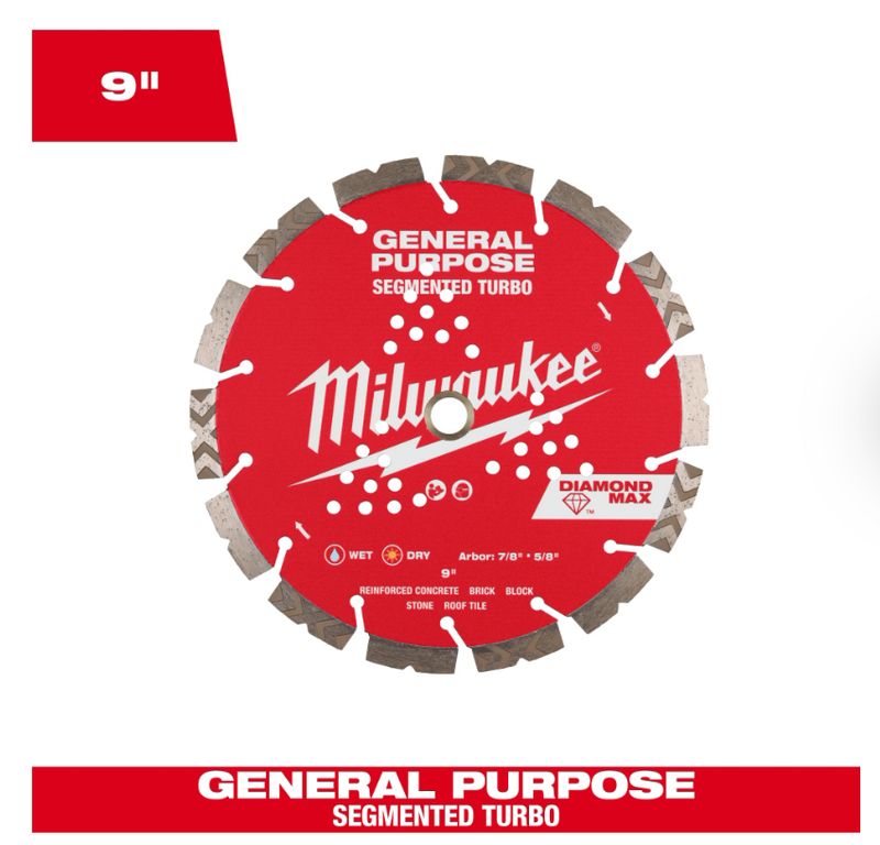 49-93-9009 Milwaukee 9" Diamond Max Segmented Turbo, General Purpose Diamond Blade