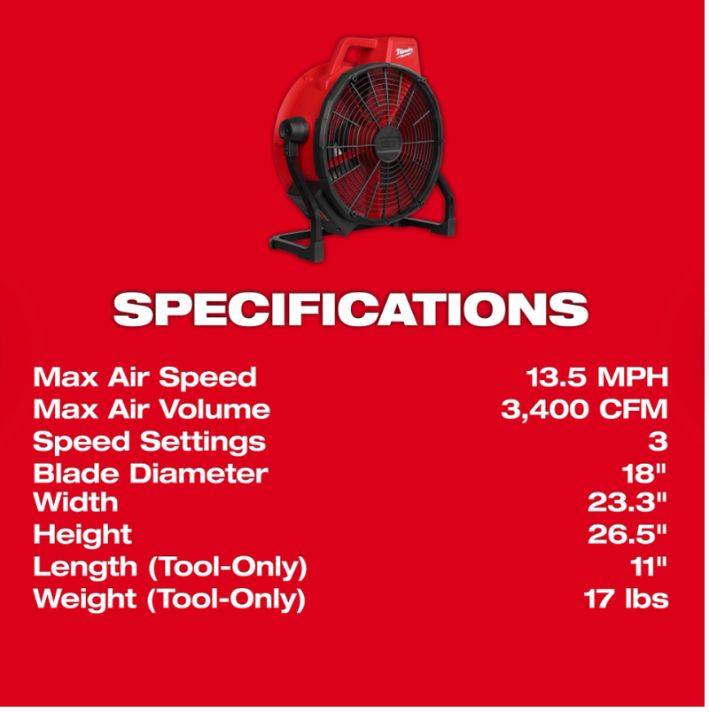 0821-20 Milwaukee M18 Brushless 18" Fan