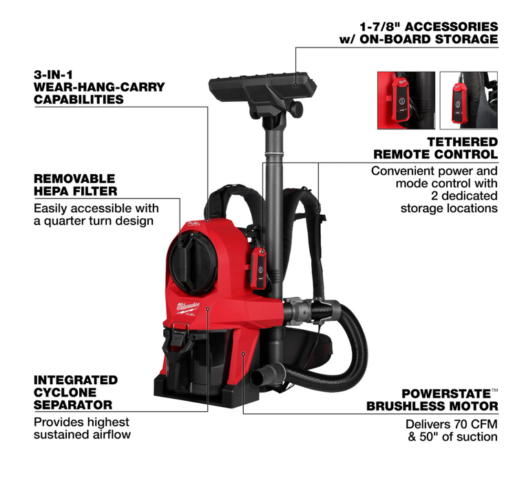 0895-20 Milwaukee M18 FUEL 3-in-1 Backpack Vacuum