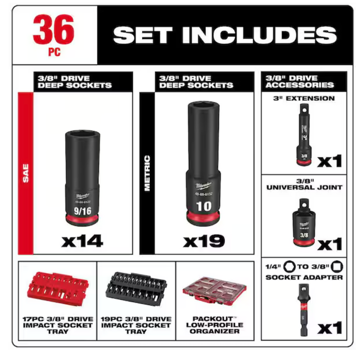 49-66-6805 Milwaukee Shockwave 3/8" Impact Duty Socket PACKOUT Set