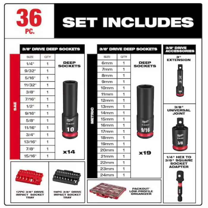 49-66-6805 Milwaukee Shockwave 3/8" Impact Duty Socket PACKOUT Set