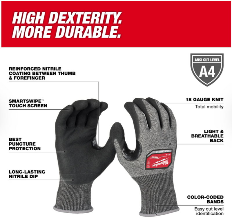 48-73-7143 Milwaukee Cut Level 4 High-Dexterity Nitrile Dipped Gloves (XL)
