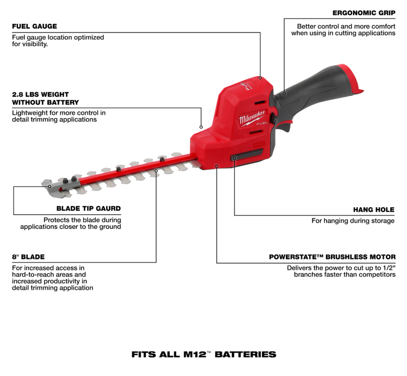 2533-20 Milwaukee M12 Fuel 8" Hedge Trimmer (Tool Only)