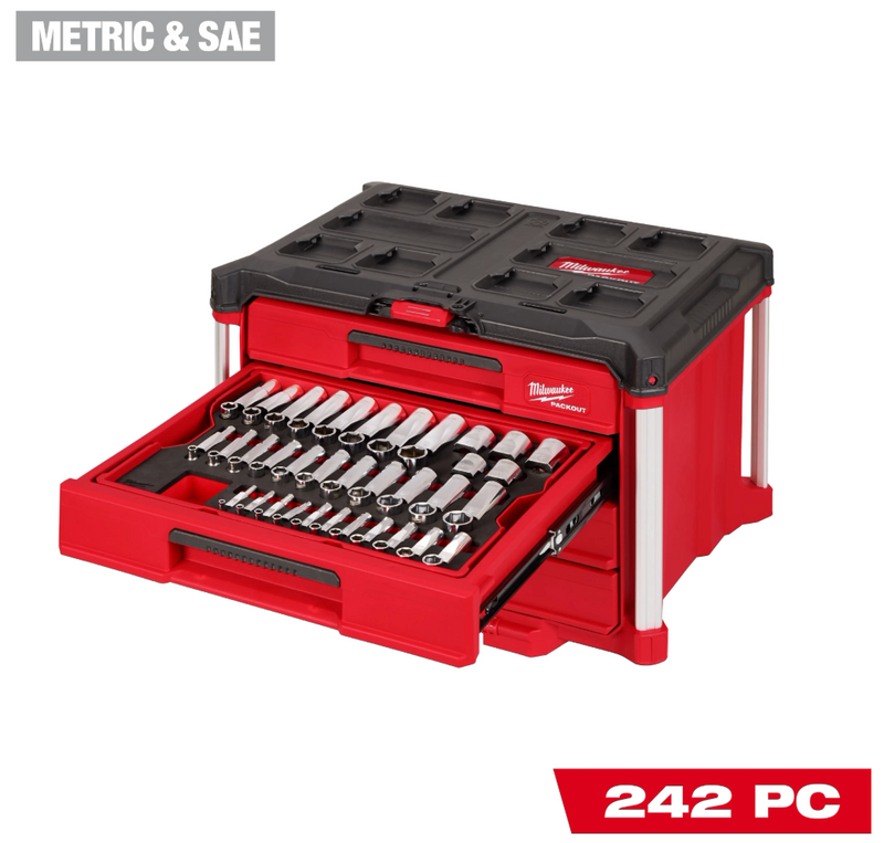48-22-9491 Milwaukee 242pc. 1/4”, 3/8”, & 1/2” Drive Metric & SAE Ratchet & Socket Set with PACKOUT™ 4-Drawer Tool Box