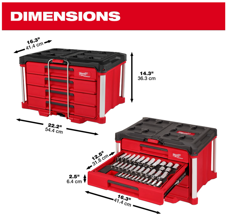 48-22-9491 Milwaukee 242pc. 1/4”, 3/8”, & 1/2” Drive Metric & SAE Ratchet & Socket Set with PACKOUT™ 4-Drawer Tool Box