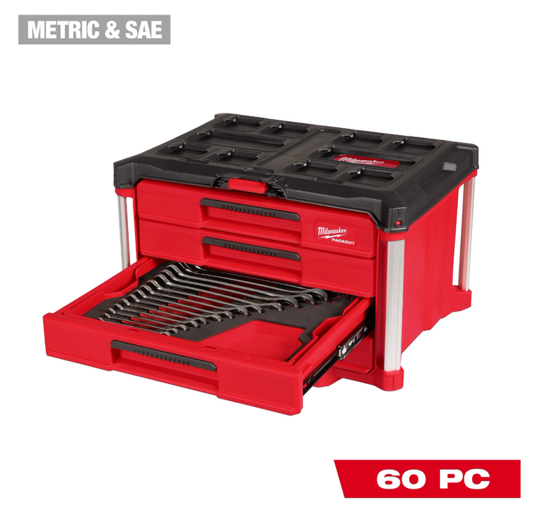 48-22-9492 Milwaukee 60pc. Metric & SAE Combination Wrench Set with PACKOUT™ 4 Drawer Tool Box