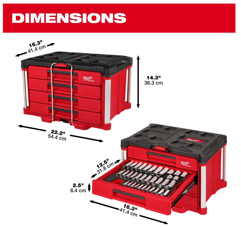 48-22-9492 Milwaukee 60pc. Metric & SAE Combination Wrench Set with PACKOUT™ 4 Drawer Tool Box