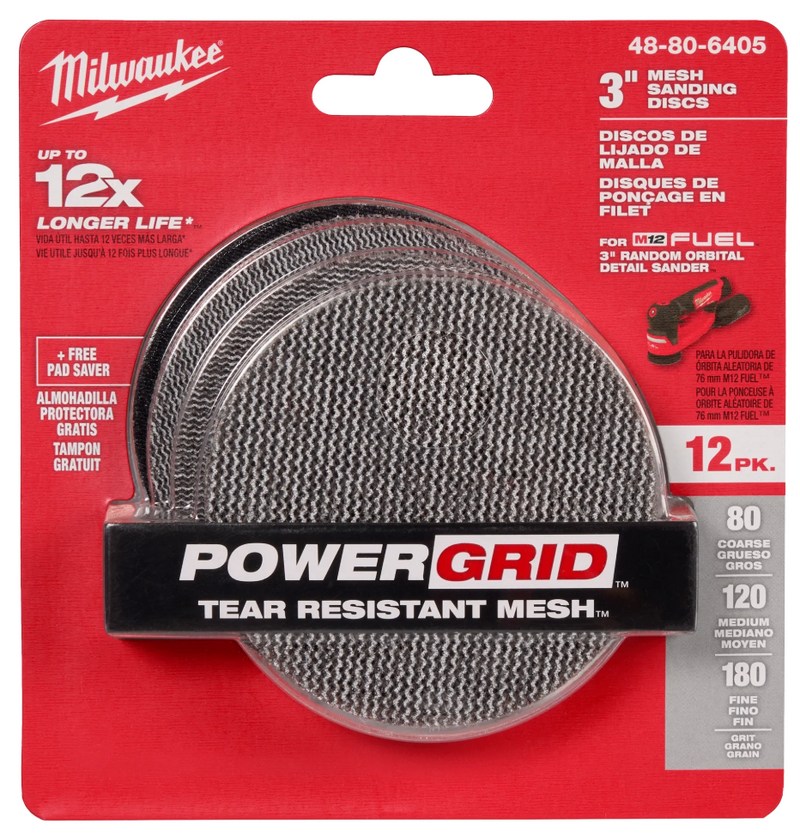 48-80-6405 Milwaukee 3” Assorted 80, 120, 180 Grit Mesh Sanding Discs with POWERGRID™ Tear Resistant Mesh – (12 PK) + Pad Saver